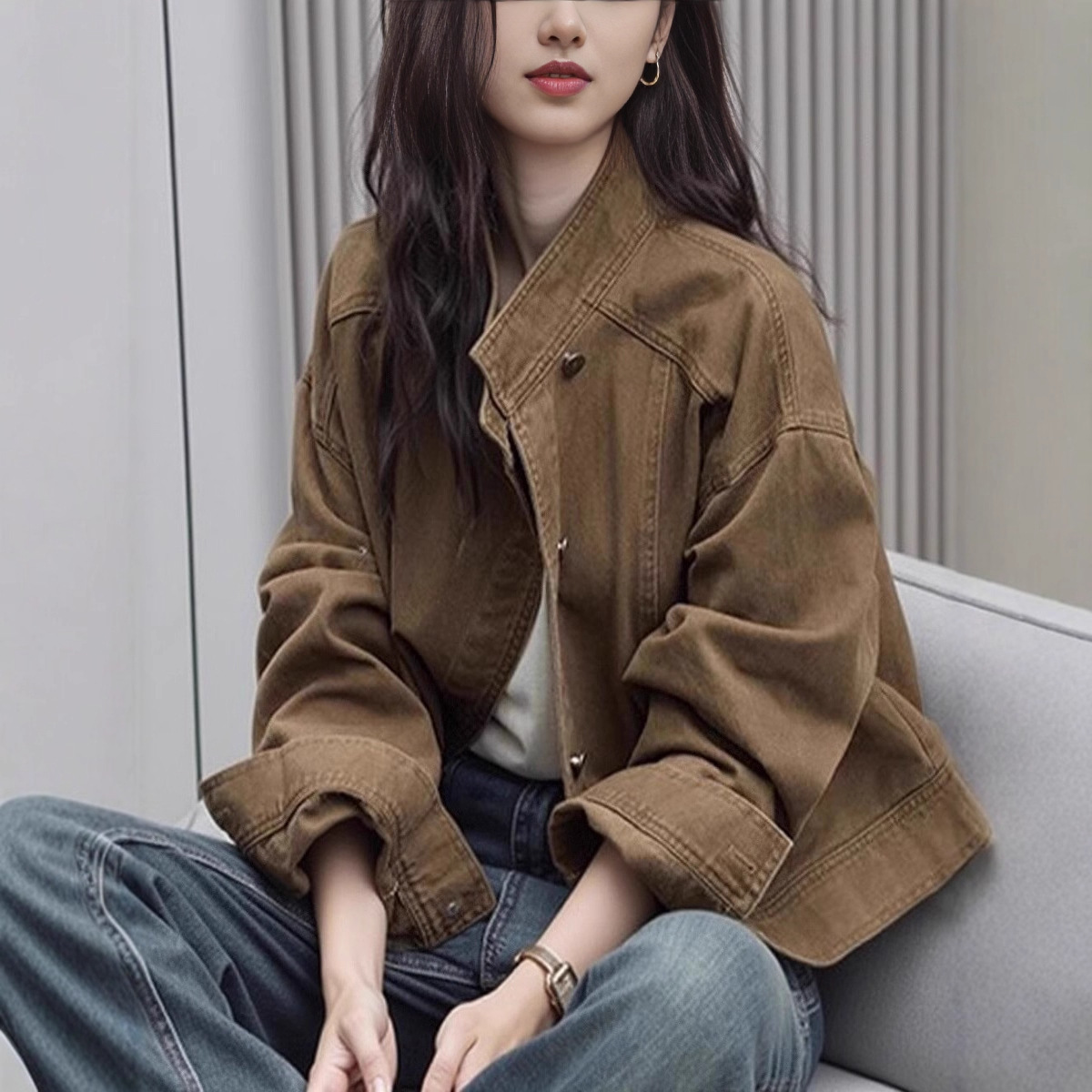 Retro Coffee-Colored Denim Short Jacket 2026 Spring & Fall New Style Loose Stand-Up Collar Work Jacket Denim A5638