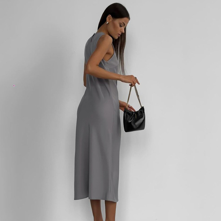 Neck Sleeveless Vest Dress Solid Color Slim Fit Slimming Base Maxi Dress