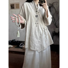 2025棉麻新中式禅意茶服系带上衣国风中长款棉麻衬衫
