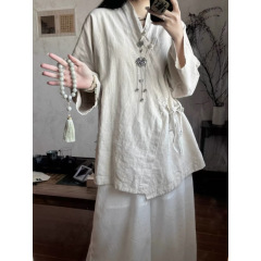 2025綿麻新中国式禅意茶服は上着の国風の中の長い綿麻のシャツを結びます。