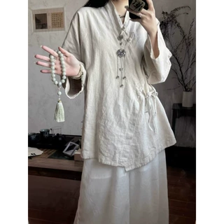 2025棉麻新中式禅意茶服系带上衣国风中长款棉麻衬衫