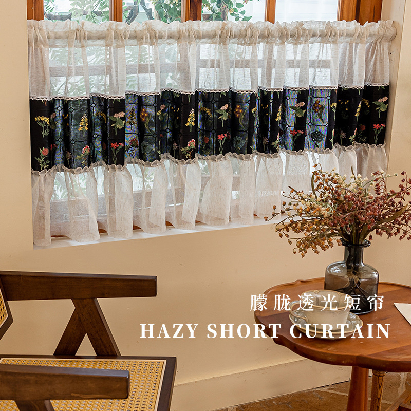 Little White Mouse Home Decor Fabric Lace Translucent Dreamy Fresh Hand-Embroidered Patchwork Door Curtain Rod-Pendant Short Curtain