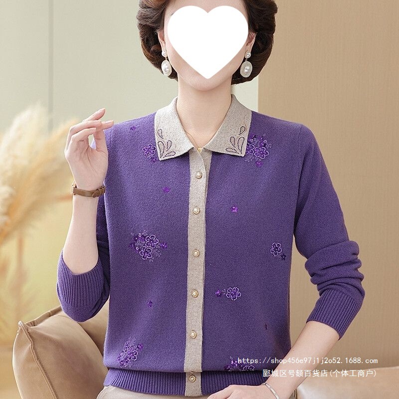 Stylish spring and autumn cardigan sweaters for middle-aged and elderly women, new autumn and winter styles, knitted tops with a mandarin collar