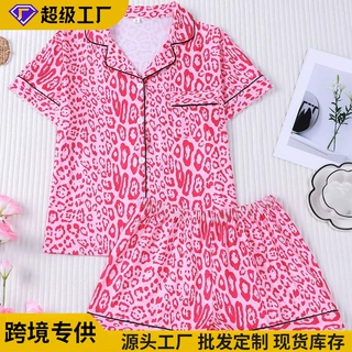 跨境夏季粉色豹纹印花短袖薄款翻领开衫欧美睡衣家居服睡衣女款夏