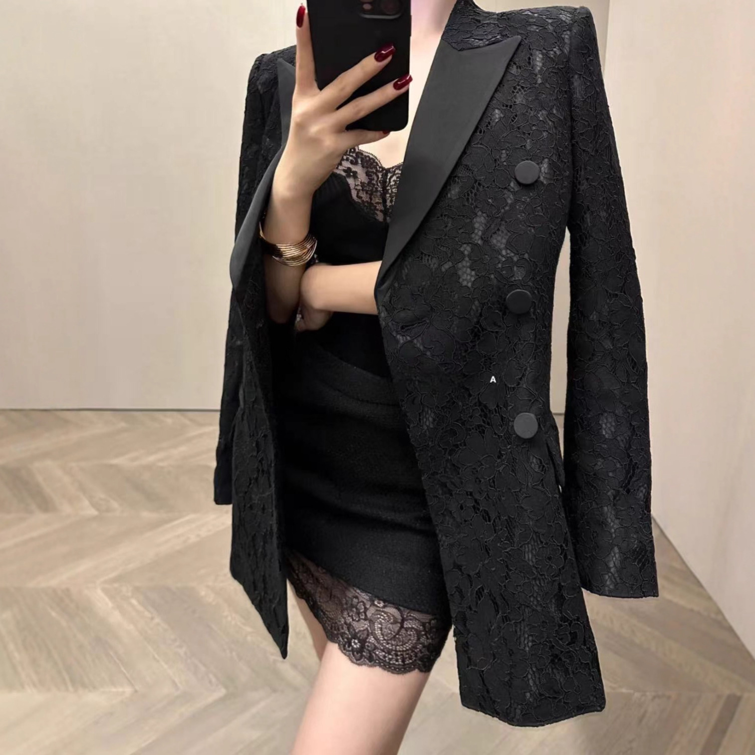 Lace Hollow-Out Satin Collar Waist-Cinching Smart Suit Winter Elegant Slimming Commuter Blazer Goddess Style