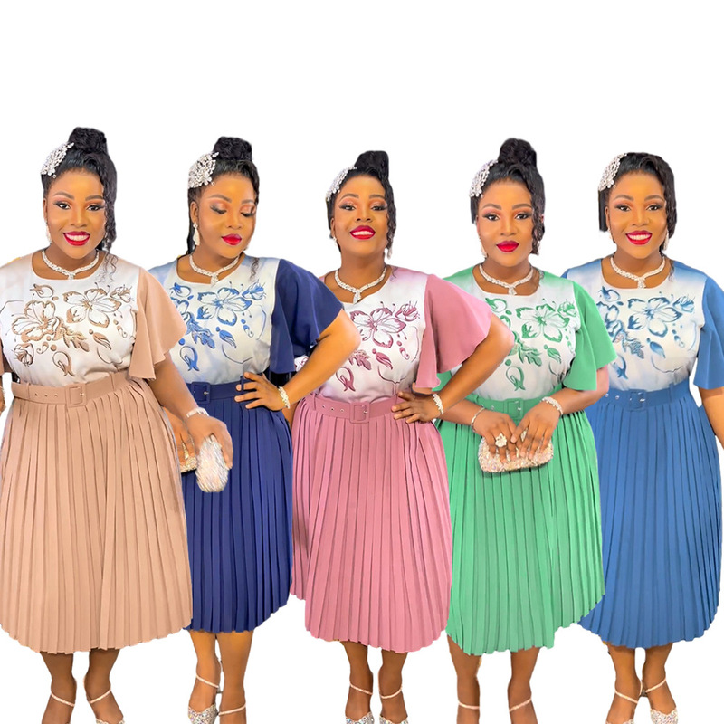 Cross-border AliExpress women's clothing plus size African print dress European and American new mom wear high waist pleated skirt