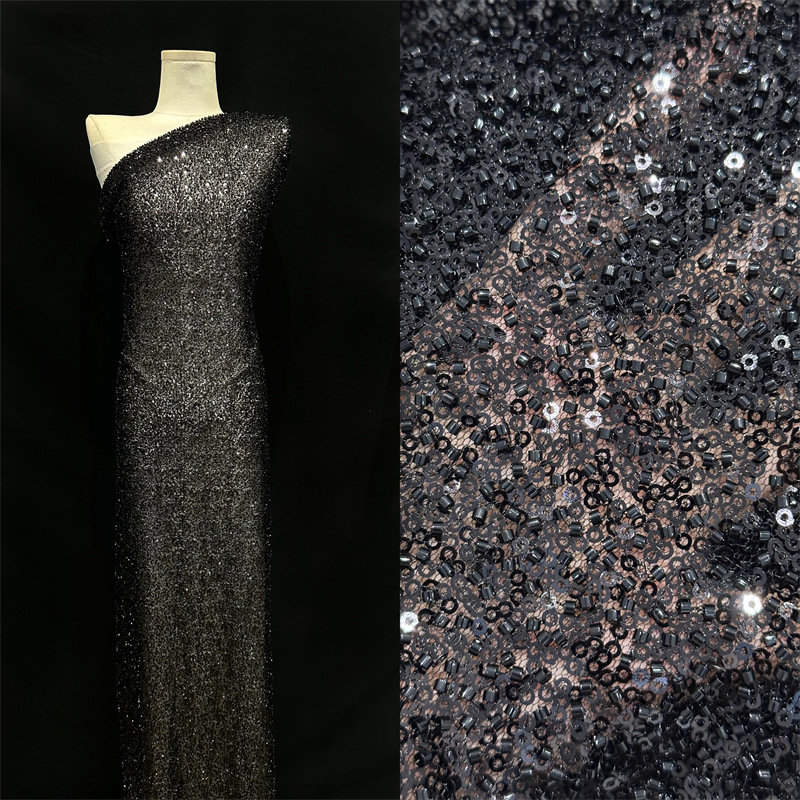 Comercio exterior transfronterizo de alta densidad full sequins tubo de perlas modelo de tela bordada vestido de novia cena tela bordada tridimensional