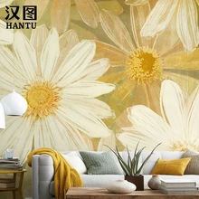 北欧手绘植物花卉墙纸美式田园客厅卧室背景墙壁纸向日葵壁画墙布
