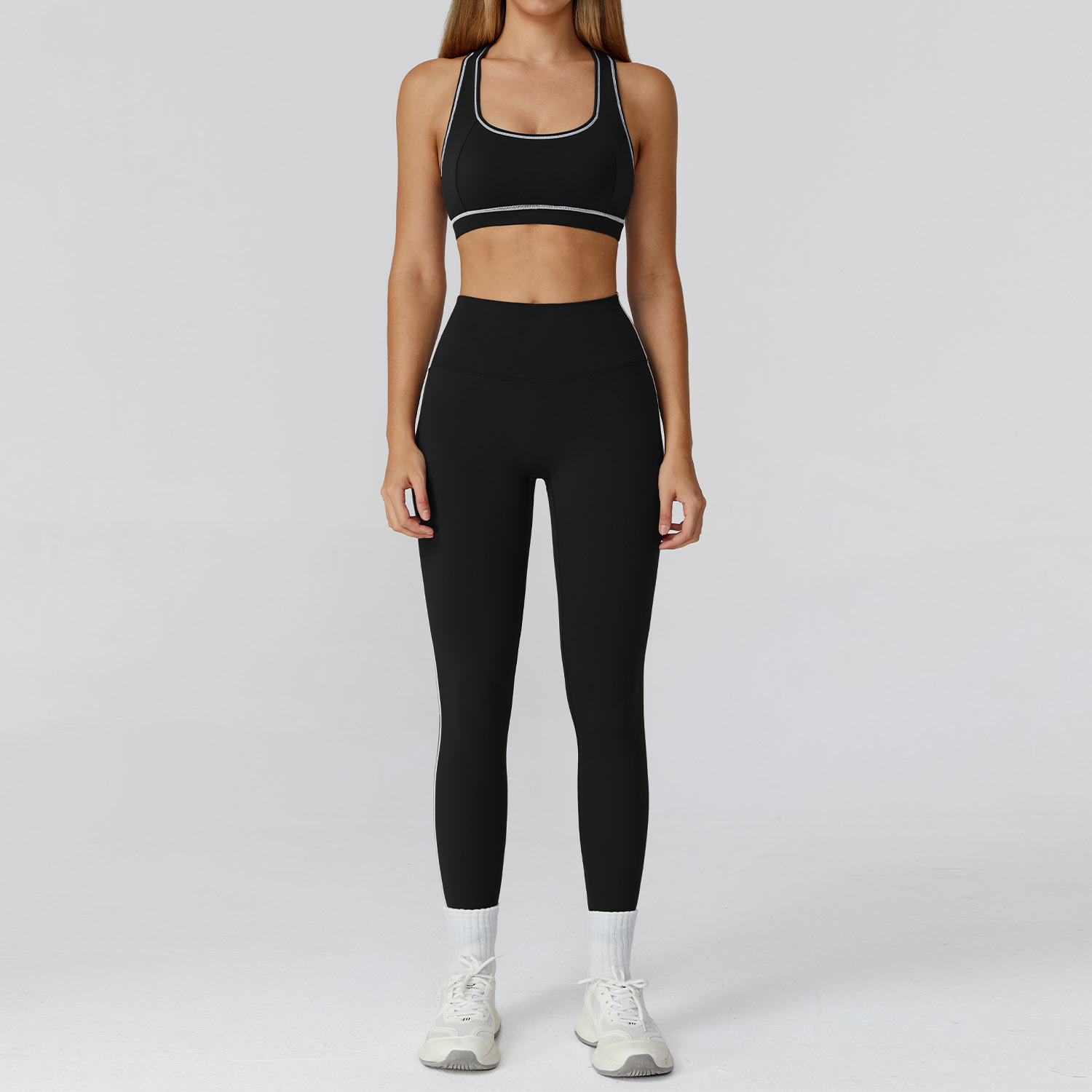 Conjunto de yoga cepillado con bloques de color para mujer, corte ajustado, ropa deportiva informal para correr, gimnasio, entrenamiento, tres piezas, 2036_voghion.com
