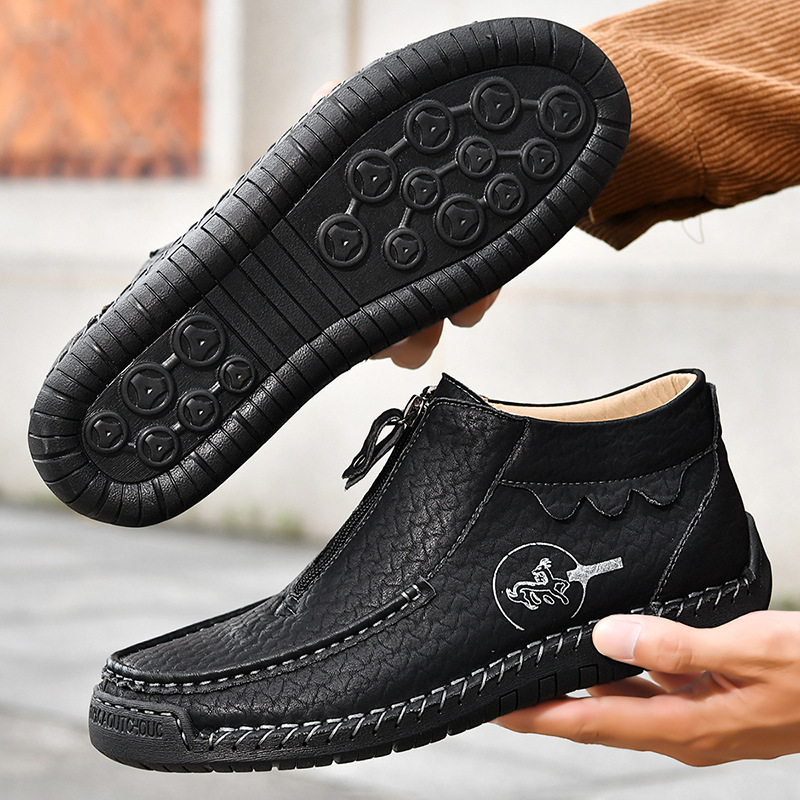 Men's Mid-top Leather Boots, Stylish Hand-stitched Marten Boots_voghion.com