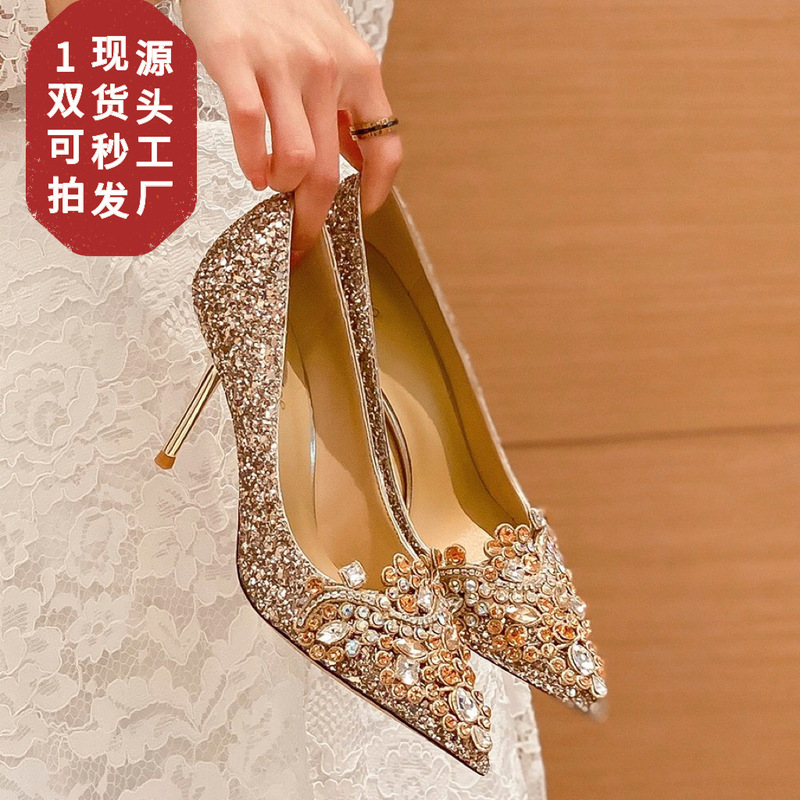 Spot Wedding Shoes Bridal Shoes 2025 Champagne Gold Chinoiserie Xiuhe Clothing Wedding Shoes High Heels Stiletto Flats for Women
