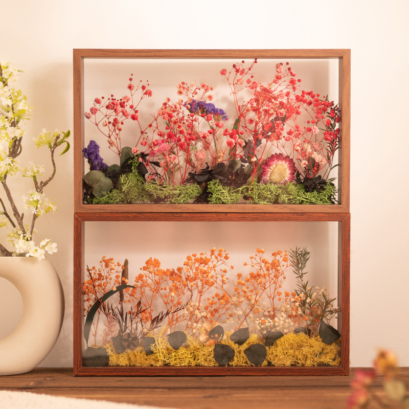 Dried Flower Photo Frame Mother's Day DIY Handmade Eternal Flower Rose Preservation Wooden Picture Frame Hollow Double Side Table Gift