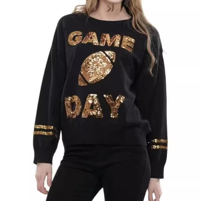 Game Day Cross-Border Embroidered Knitwear European and American Knitwear Amazon Round Neck Pullover Sweater for Women Nfl Football