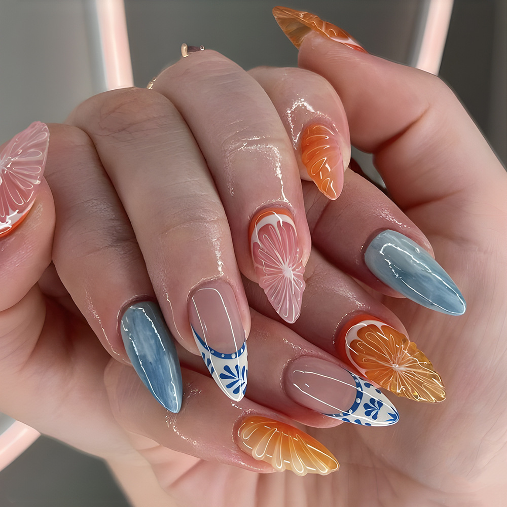 Explosión de verano de uso de uñas de alta calidad naranja fresca 3D tridimensional uñas de manicure comerciales comerciales más vendidas uñas