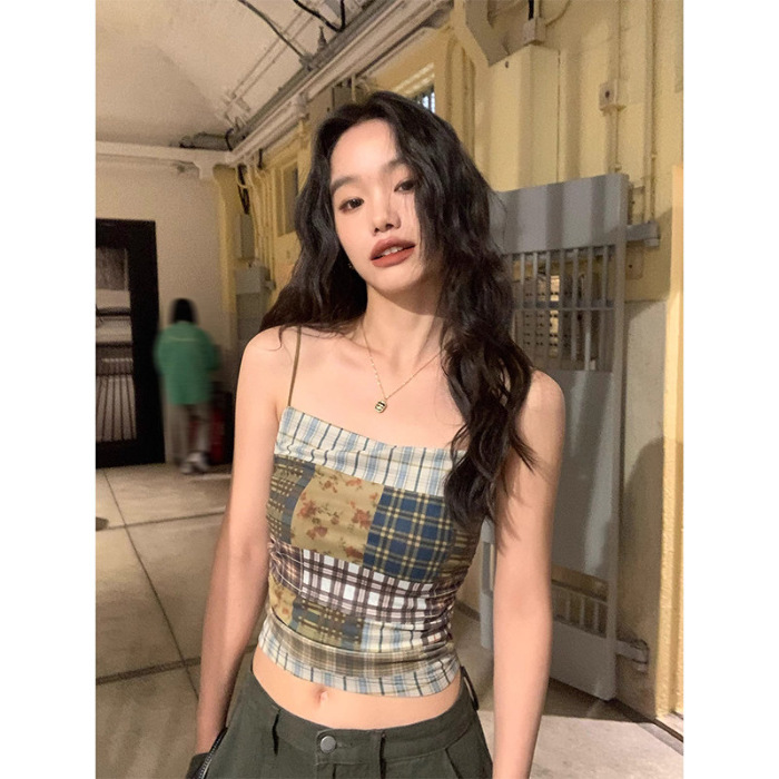 外穿复古设计夏季2025修身拼接新款格子吊带背心女无袖上衣感内搭|undefined
