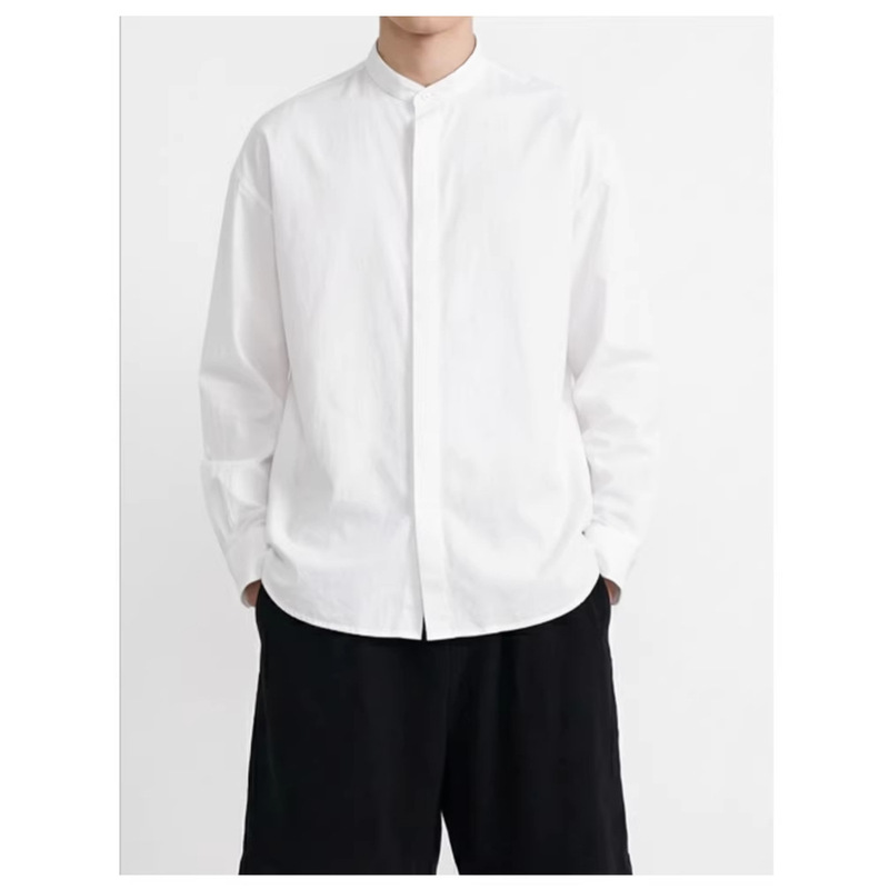 2026 Cotton Short Loose Men's Shirt with Small Stand Collar and Hidden Placket, Trendy Long-Sleeve Unisex New Chinese Style Top