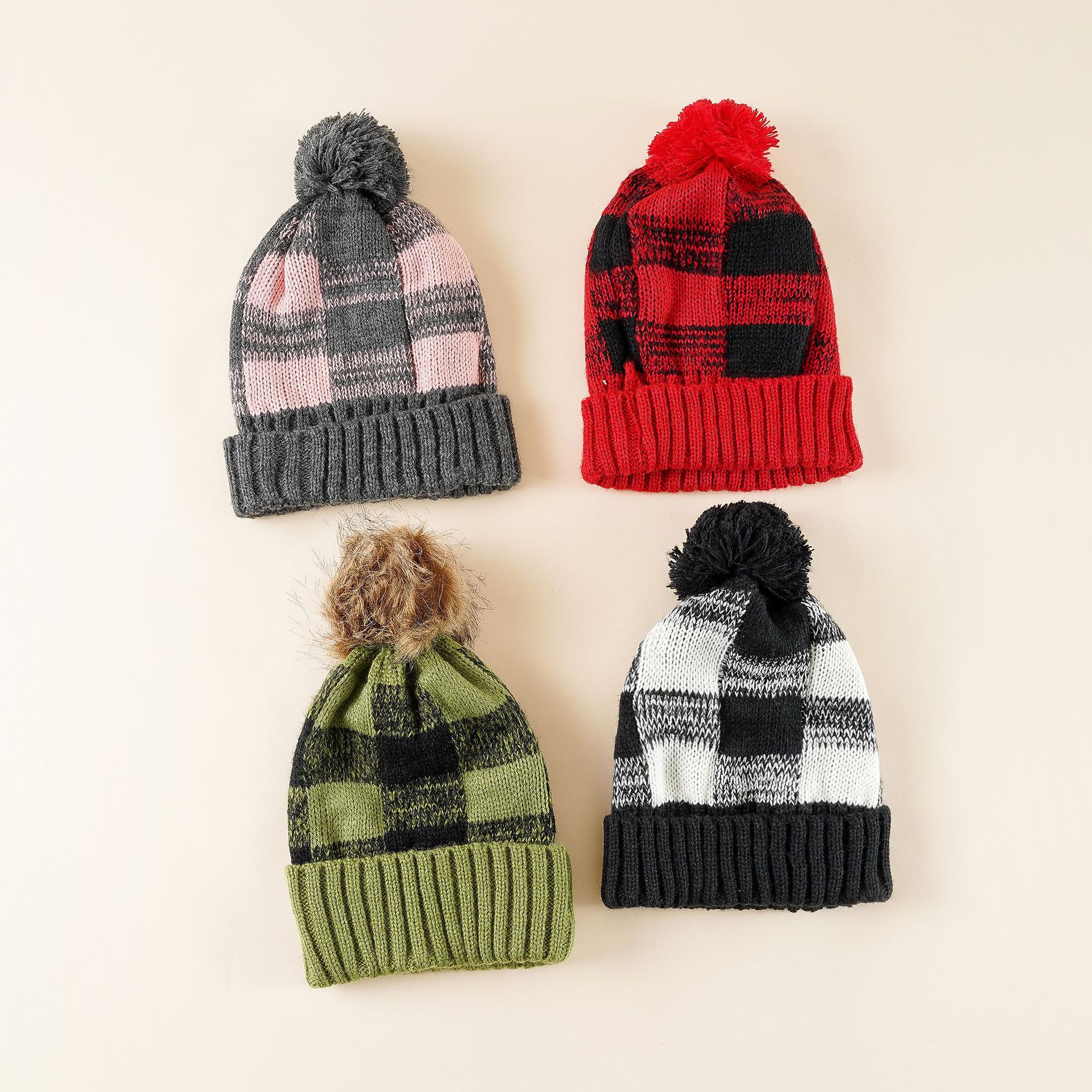 Plaid sombrero de punto de invierno pareja sombrero de lana marea Plaid bolsa cabeza sombrero de moda bola de piel sombrero de punto sombrero cálido
