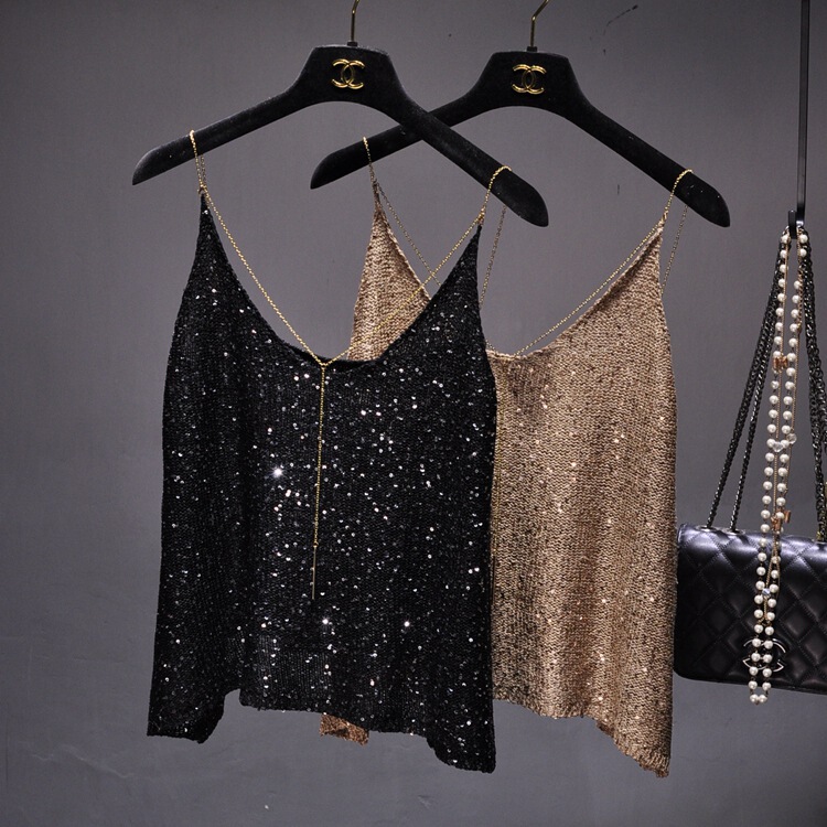 Summer Thin Shoulder Strap Sequin V-neck Camisole Metal Chain Pendant Sexy Beautiful Back Top Outer Wear Base Shirt Women