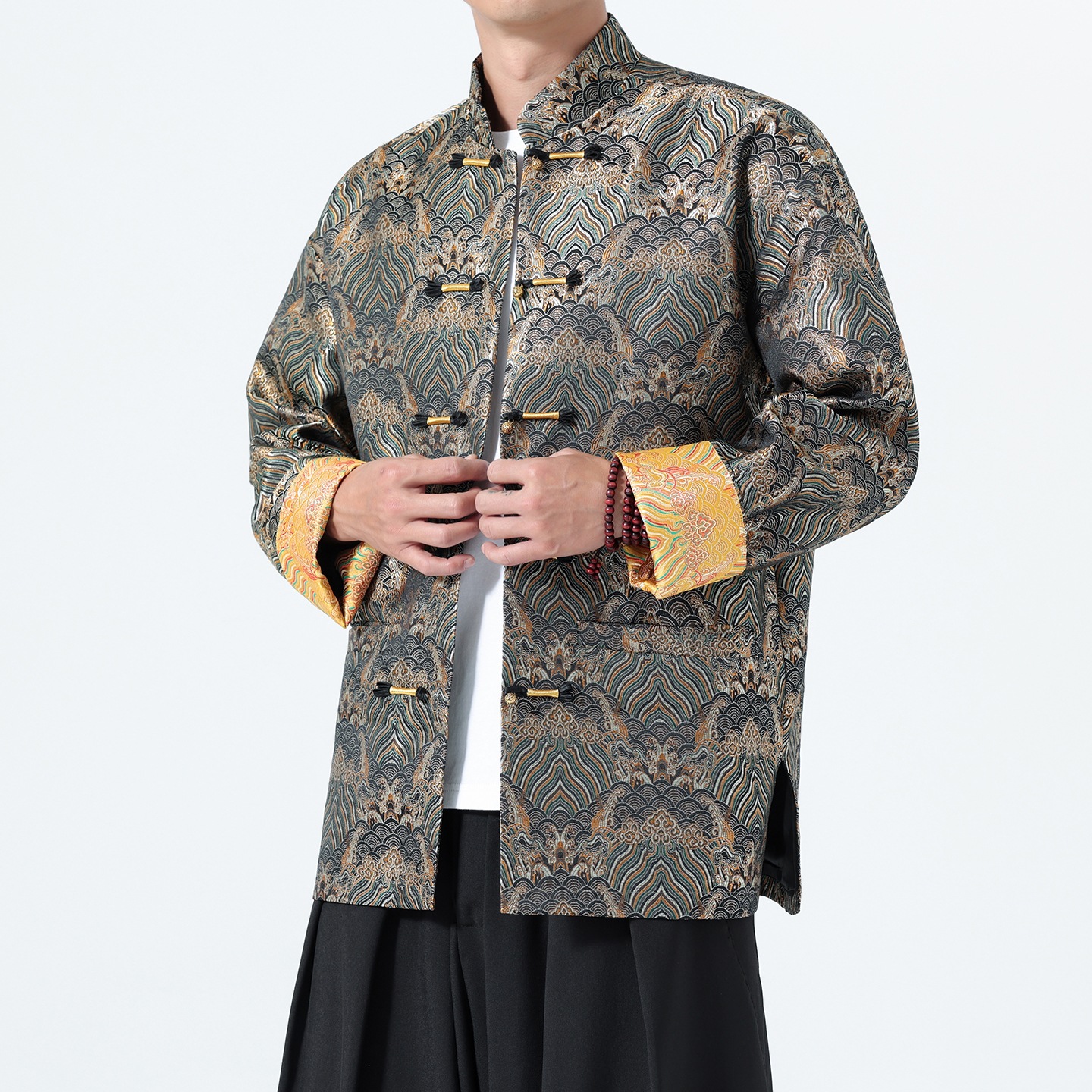 2026 Men's Chinese Style Satin Jacquard Jacket with Sea and Cliff Pattern, Retro Stand Collar, Buttoned, Loose Fit, Tang Suit