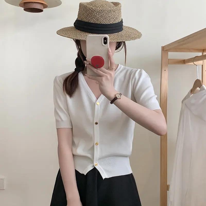 Ice Silk Short-Sleeved Knitted Cardigan for Women 2025 Summer Slimming Look Short Puff Sleeve Thin Black V-Neck T-Shirt
