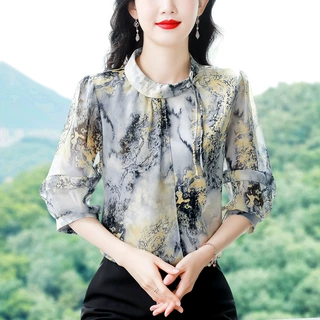 春夏新款新中式水墨画印花真丝雪纺衫气质名媛五分袖上衣