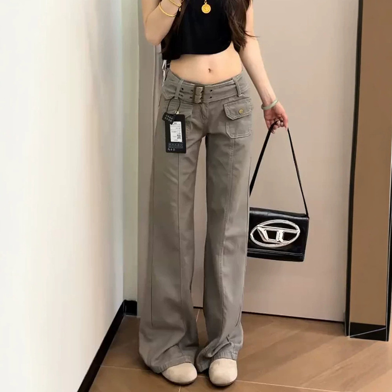 American retro hot girl style distressed workwear low-waist jeans for women, summer thin loose straight-leg floor-length pants
