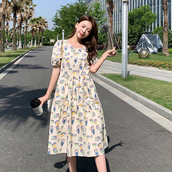 夏季大码裙子设计感小众森系印花连衣裙温柔风气质a字长裙沙滩裙