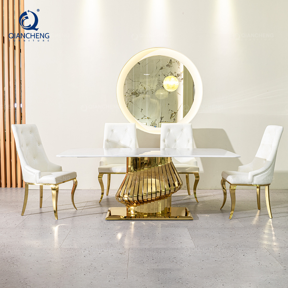 Mesa de Comedor Rectangular de Mármol para 8 Personas de Acero Inoxidable para Restaurante