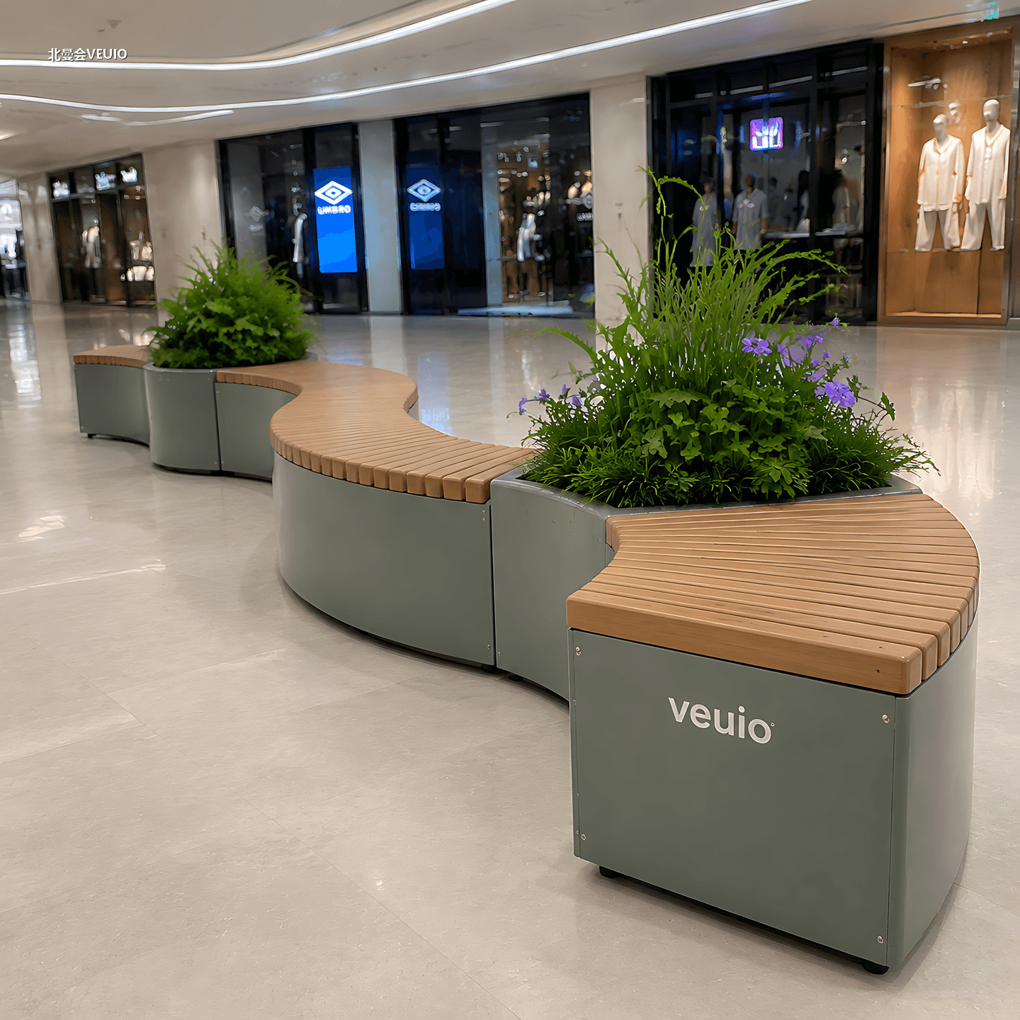 Wrought iron flower box and seat combination for shopping mall sales offices, S-shaped landscape bench, galvanized steel and plastic wood leisure flower trough, custom-made