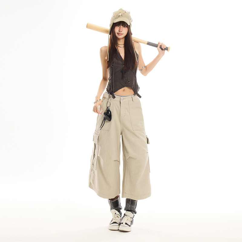 Khaki women's cropped pants 2026 spring-summer collection, high-waisted American-style outdoor multi-pocket loose wide-leg jeans Khaki women's cropped pants 2026 spring-summer collection, high-waisted American-style outdoor multi-pocket loose wide-leg jeans