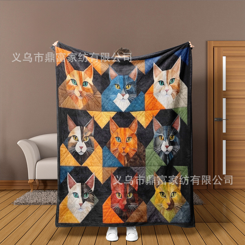 jit新款跨境热销复古拼布法兰绒毛毯 格子猫狗设计旅行毯家居盖毯|undefined