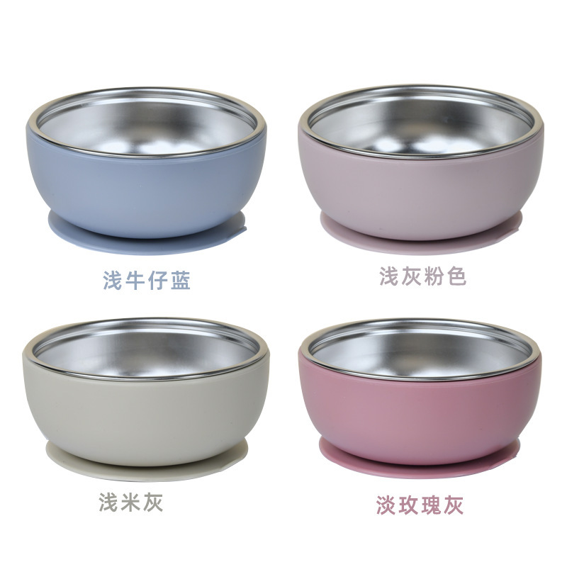 跨境新品儿童硅胶不锈钢圆碗带吸盘防烫防摔食品级婴儿硅胶餐碗具|undefined