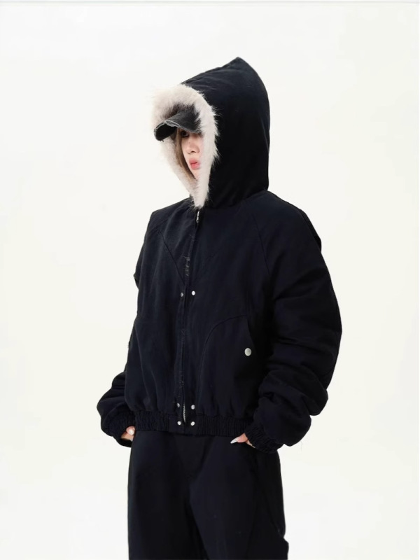新品アメリカンレトロ座山雕毛襟フード付きコットン服メンズショート丈冬厚手コートins|undefined