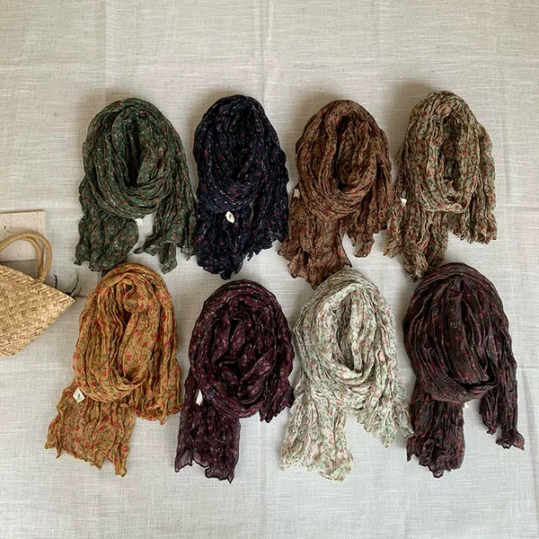 Japanese and Korean Style Cotton Linen Twist Scarf Women's New Small Floral Old Vintage Mori Style Pastoral Soft Women's Pleated Scarf