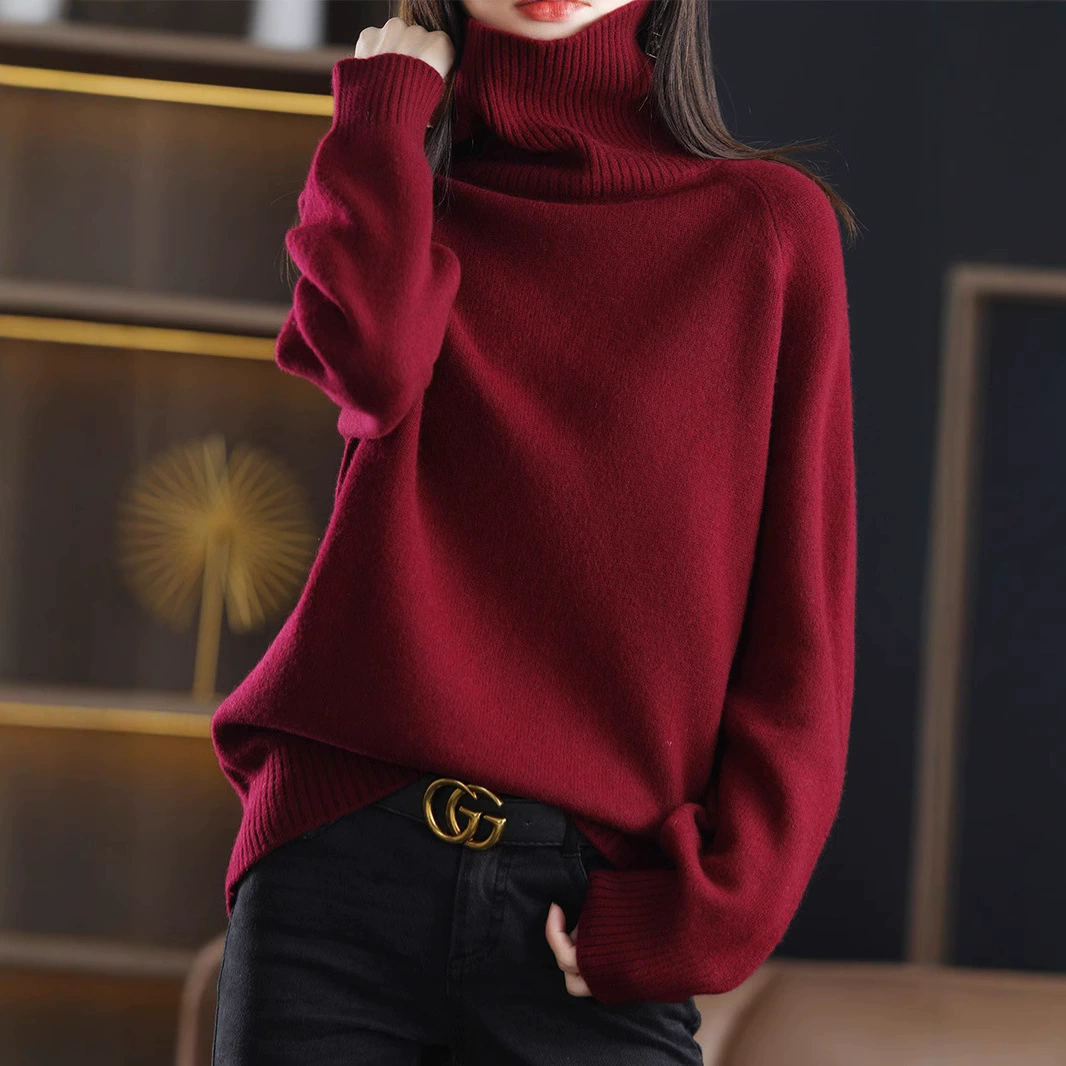100 чистый шерстяной свитер женский воротник 2025 новый высококлассный свободный ленивый плечи утолщенный внутренний нижний рубашка