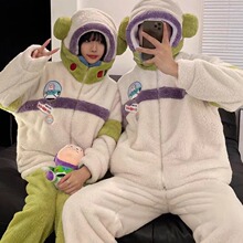 秋冬季卡通珊瑚绒情侣睡衣航空人加绒加厚法兰绒可外穿家居服套装