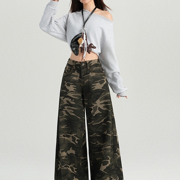 Pantalones casuales de pierna ancha de cintura alta de camuflaje retro americano para hombres y mujeres en la primavera y el verano de 2025