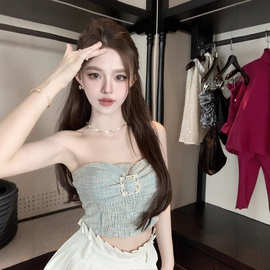 名媛小香风水钻褶皱抹胸女夏季别致绝美小心机高级感露背短款上衣