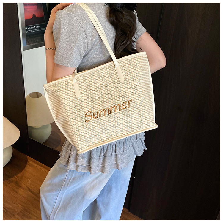 Straw woven letter large-capacity bag 2025 single-shoulder large bag for women, new beach woven summer Korean-style tote bag undefined