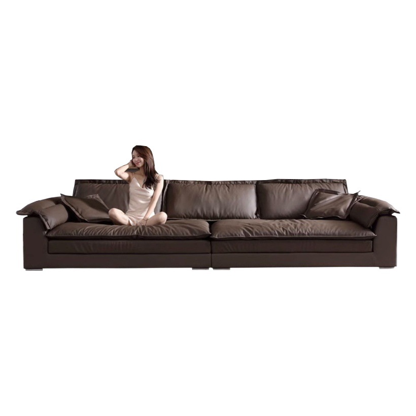 Sofá de cuero italiano minimalista súper ancho grande sentado profundo sofá de tres asientos sala de estar sofá de vela perezoso sofá de fila recta