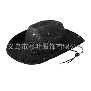 Black Glitter Rope Buckle Cowboy Hat Western Cowboy Glitter Gold Powder Cowboy Hat Halloween Composite Glitter Black Cowboy Hat