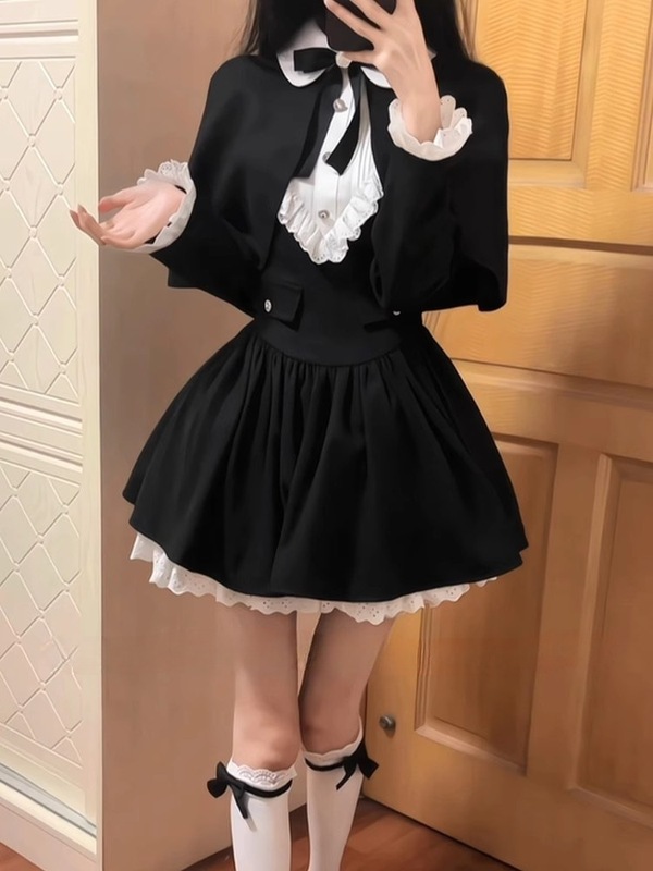 微胖mm法式设计感千金风斗篷披肩连衣裙女甜美气质收腰蓬蓬裙套装|undefined