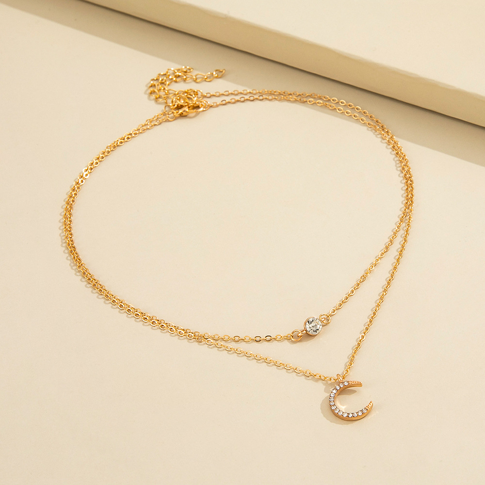 fashion simple double layered rhinestone moon pendant alloy necklace
