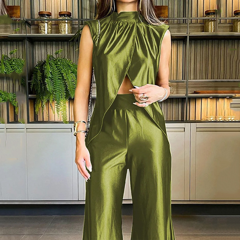 Ekouaer Pigiama Da Donna In Raso - Set 2 Pezzi: Canotta Crop E Pantaloni A Gamba Larga Con Tasche - Abbigliamento Da Notte E Da Casa Elegante