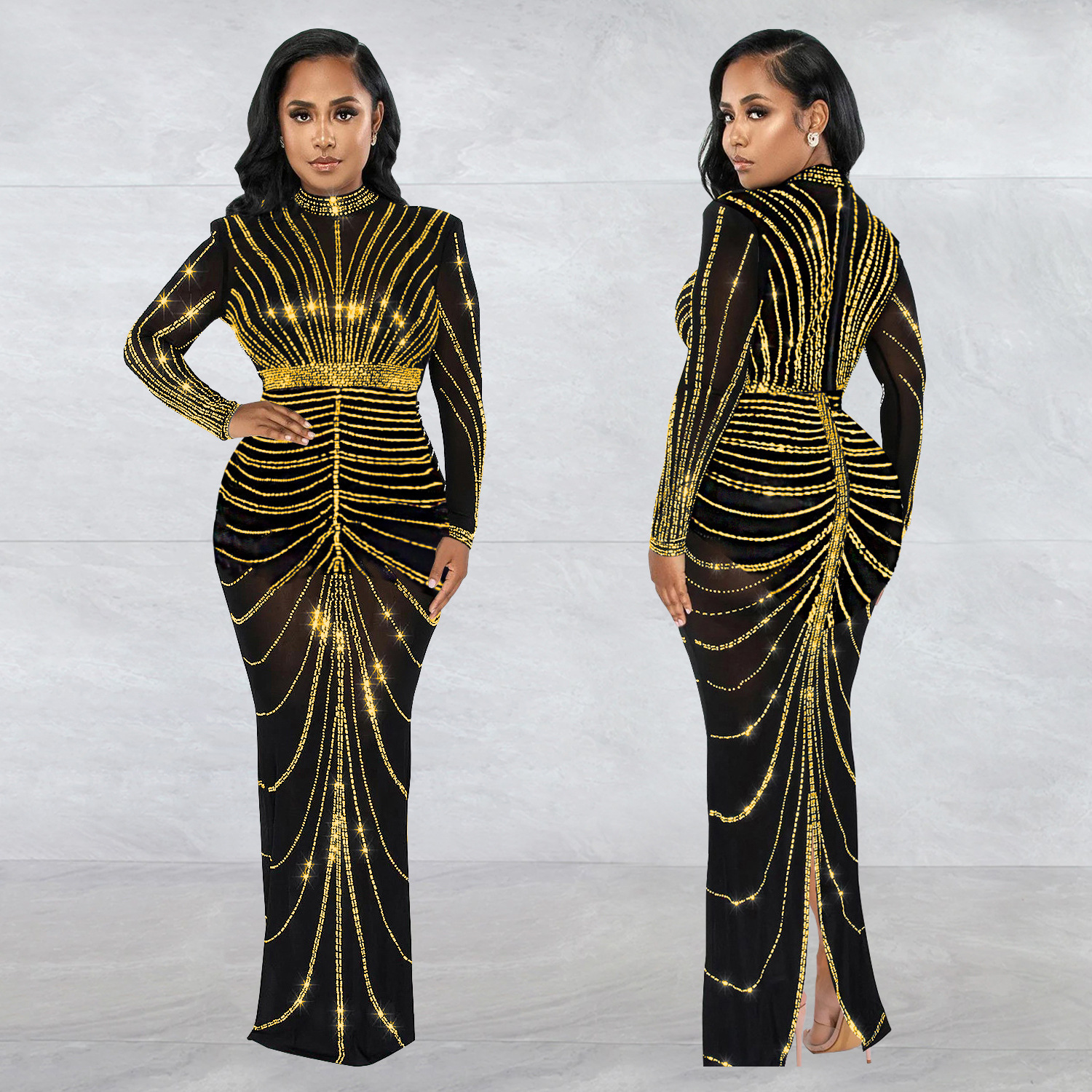 C7141 Aliexpress transfronterizo amazon ropa de moda europea y americana de mujeres sexy de mangas largas trasera vestido de perforación en caliente nuevo image 5