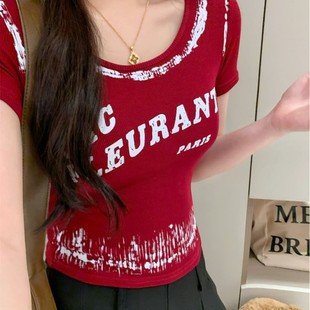 5091# Retro American Spice Girl Letter Printing Shoulder T-shirt Summer Slim Fit Slim Short Base Short Sleeve Top