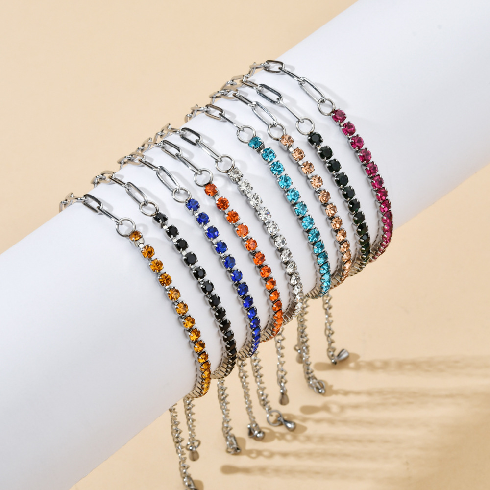 Amazon Hot Sale Stainless Steel 3mm Diamond Bracelet European and American Fashion Light Luxury Solid Color Diamond Bracelet Bracelet Jewelry for Women