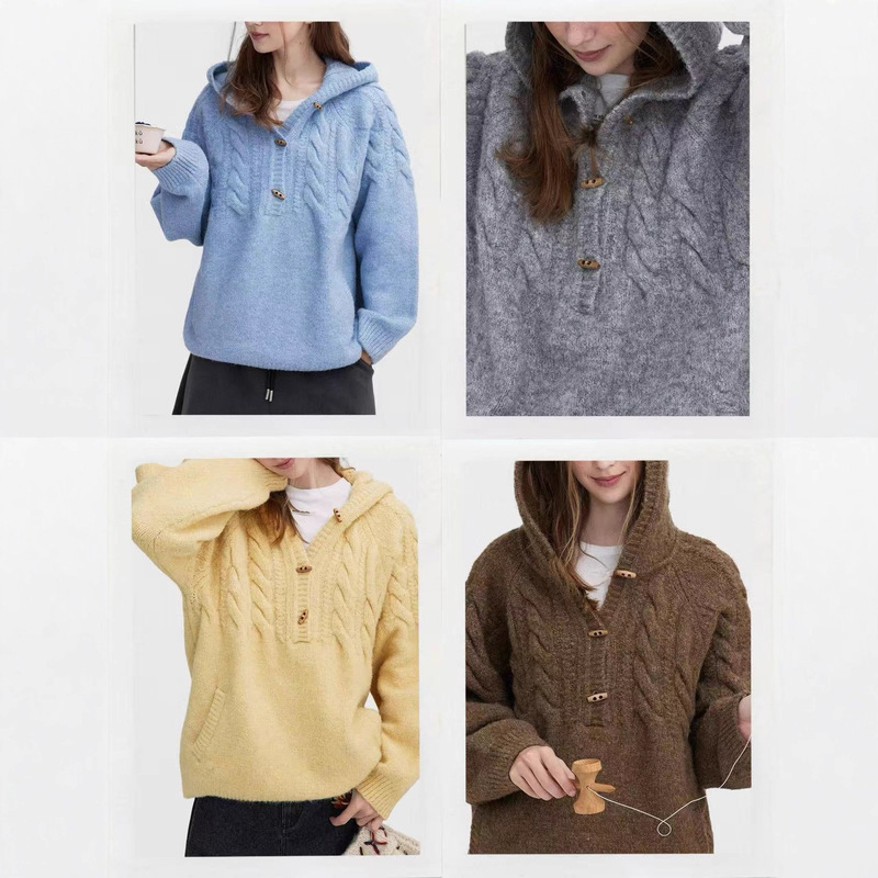 Letn Scandinavian Nordjc Retro Wool Fluffy Twisted Half Placket Horn Button Hooded Sweater for Women