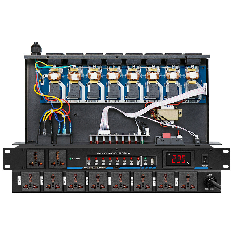 Computadora de control central con puerto serie RS232 controla el controlador de secuencia de encendido de 10 vías y el interruptor de equipo de audio del amplificador de 9 vías