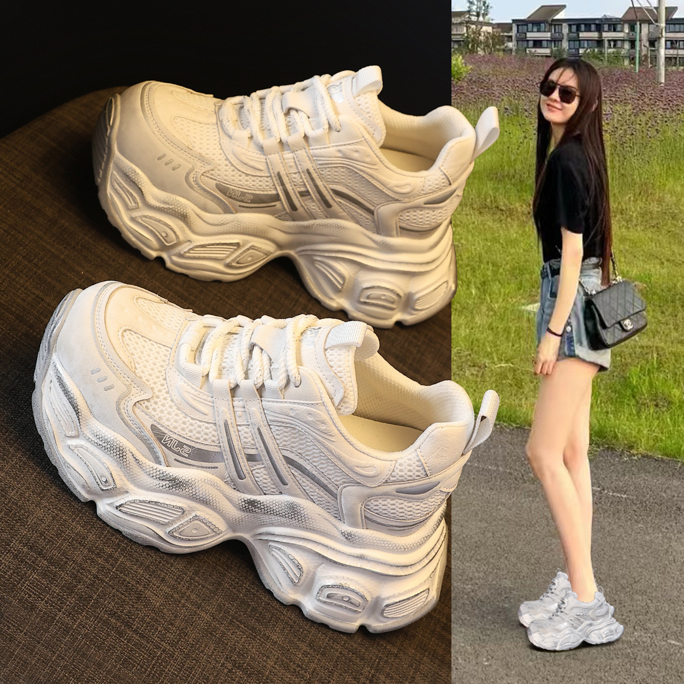Giày sneaker nữ chunky đế dày tăng chiều cao phong cách thể thao — màu trắng